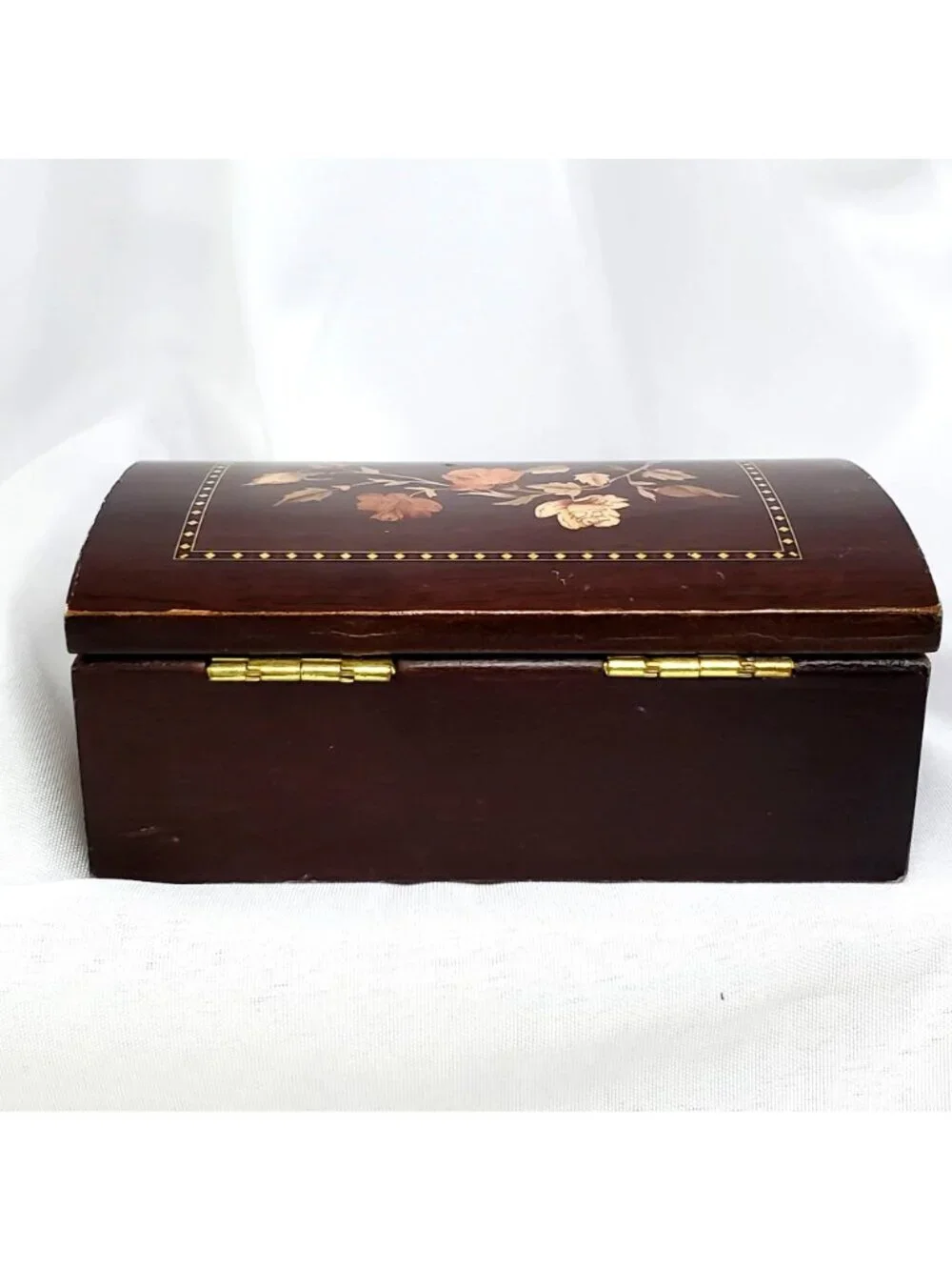 Mahogany Wooden Jewelry Box Floral Marquetry Inly with Mirror 5x3.25 inches